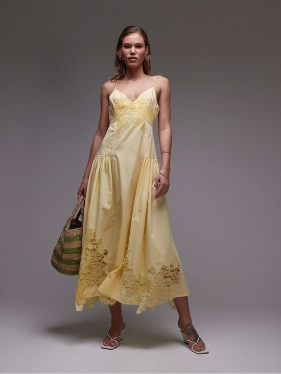 Topshop Dresses & Skirts - Topshop cutwork poplin midi maxi in lemon Lace-Trim Dress dropped waist